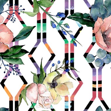 Etli çiçek botanik çiçek buketleri. Suluboya arka plan illüstrasyon küme. Sorunsuz arka plan deseni.