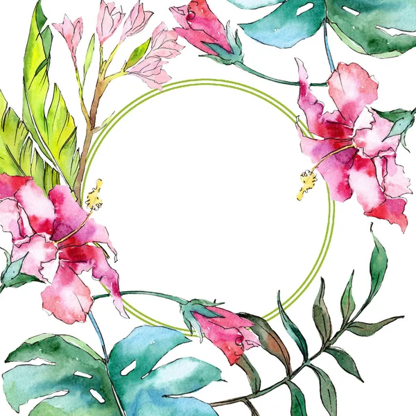 Pink exotic tropical hawaiian flower. Watercolor background illustration set. Frame border ornament square.