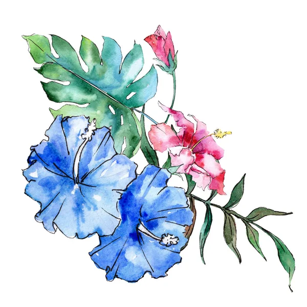 Biru dan merah muda eksotis bunga tropis hawaiian. Set latar belakang cat air. Unsur ilustrasi bunga yang terisolasi . — Stok Foto