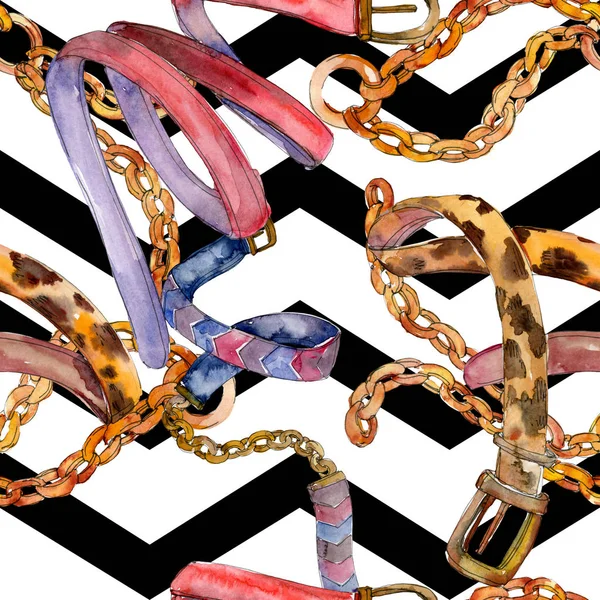 Leather and golden chain belts fashion glamour illustration in a watercolor style. Seamless background pattern.