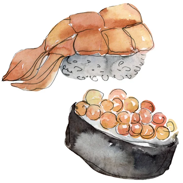 Conjunto de sushi aquarela de bela ilustração de comida japonesa saborosa. Objetos desenhados à mão isolados no fundo branco . — Fotografia de Stock