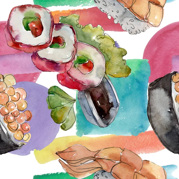 Akvarell sushi szett gyönyörű ízletes japán sushi szemléltetése. Az Aquarelle varratmentes háttérben minta. — Stock Fotó