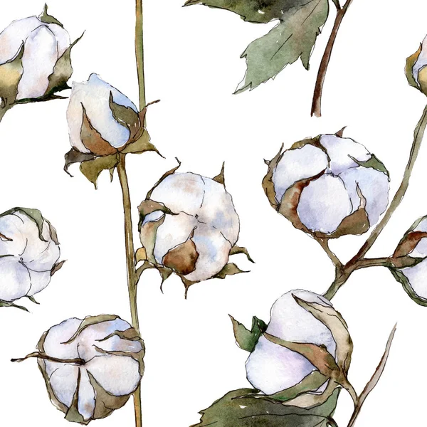 White cotton floral botanical flower. Watercolor background illustration set. Seamless background pattern. — Stock Photo, Image