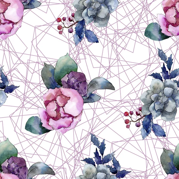 Şakayık ve etli buket çiçek. Suluboya arka plan illüstrasyon küme. Sorunsuz arka plan deseni.