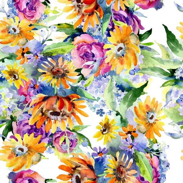 Bouquets floraux de fleurs botaniques. Ensemble d'illustration aquarelle. Modèle de fond sans couture . — Photo