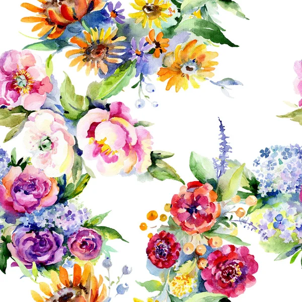 Bouquets floral botanical flower. Watercolor illustration set. Seamless background pattern. — Stock Photo, Image