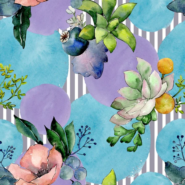 즙이 많은 꽃 식물 꽃 부케입니다. 수채화 배경 그림 설정 합니다. 원활한 배경 패턴. — 스톡 사진
