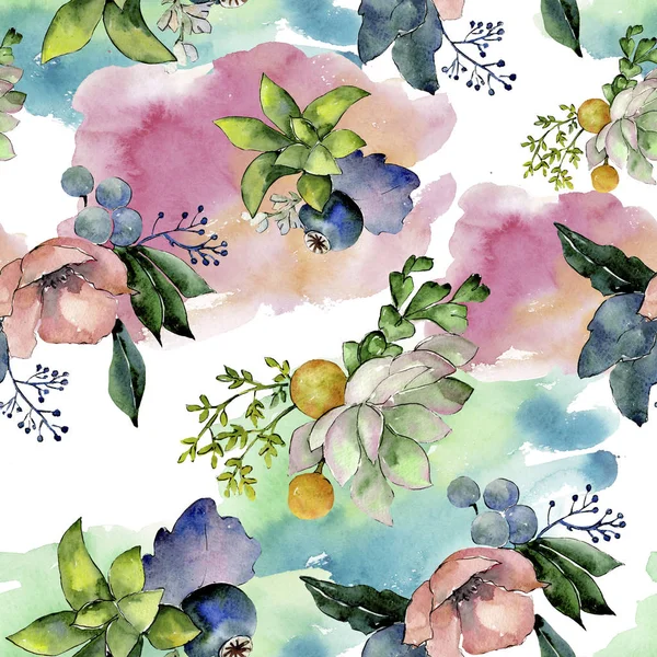 Boeketten met succulente floral botanische bloemen. Aquarel achtergrond afbeelding instellen. Naadloze achtergrondpatroon. — Stockfoto