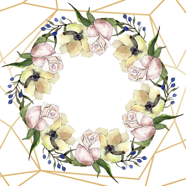 Boeketten met succulente botanische bloemen. Aquarel achtergrond afbeelding instellen. Frame grens kristal ornament vierkant. — Stockfoto