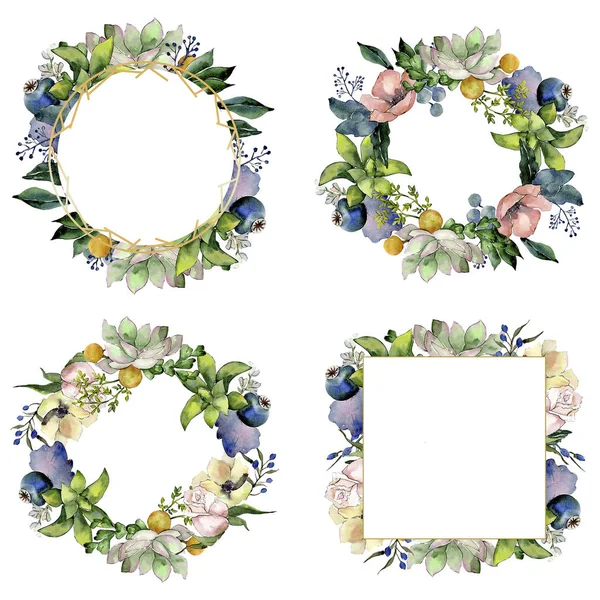 Boeketten met succulente botanische bloemen. Aquarel achtergrond afbeelding instellen. Frame grens kristal ornament vierkant. — Stockfoto