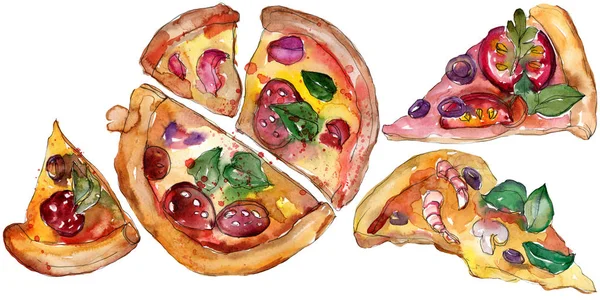 Rychlé občerstvení pizza itallian ve stylu akvarelu sada. Aquarelle jídlo obrázek pro pozadí. Izolované pizza prvek. — Stock fotografie