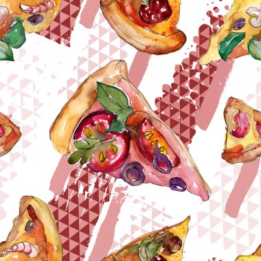 Fast food itallian pizza izole bir suluboya tarzında ayarlayın. Suluboya sorunsuz arka plan deseni.