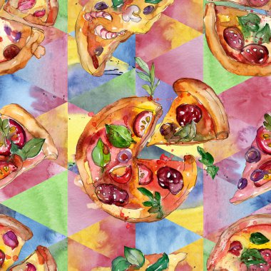 Fast food itallian pizza izole bir suluboya tarzında ayarlayın. Suluboya sorunsuz arka plan deseni.