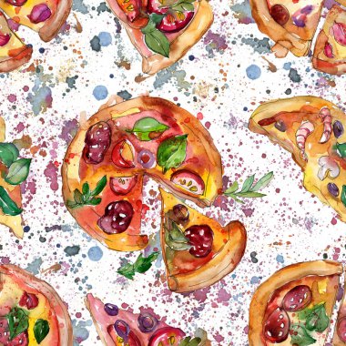 Fast food itallian pizza izole bir suluboya tarzında ayarlayın. Suluboya sorunsuz arka plan deseni.