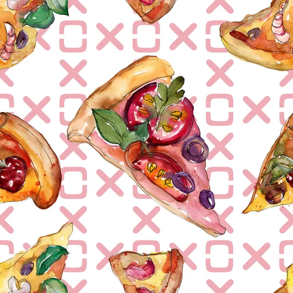 Szybkie jedzenie włoskie pizza w stylu przypominającym akwarele na białym tle Ustaw. Akwarela bezszwowe tło wzór. — Zdjęcie stockowe