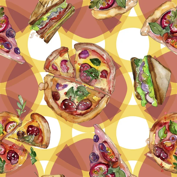 Fast Food italienische Pizza in einem Aquarell-Stil isoliert Set. Aquarell nahtloses Hintergrundmuster. — Stockfoto