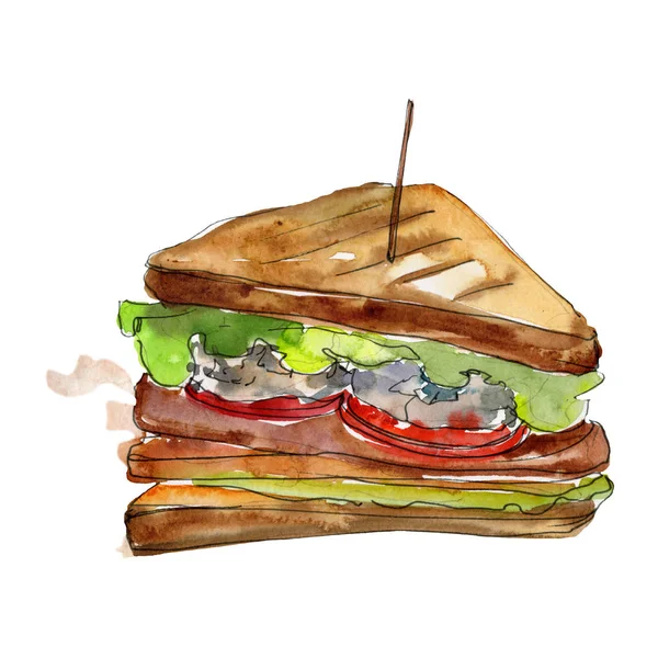 Sandwich în stil acuarelă izolat. Acuarelă fast food element ilustrare pe fundal alb . — Fotografie, imagine de stoc