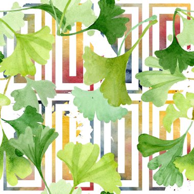 Ginkgo biloba yeşil yaprakları. Suluboya arka plan illüstrasyon küme. Sorunsuz arka plan deseni.