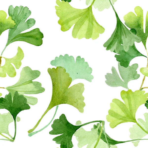 Ginkgo biloba green leaves. Watercolor background illustration set. Seamless background pattern.