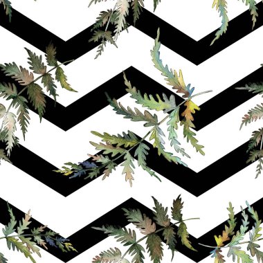 Fern yeşil yaprak. Botanik Bahçe çiçek bitki örtüsü bitki. Suluboya resim kümesi. Sorunsuz arka plan deseni.