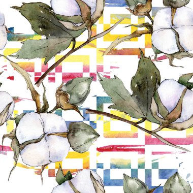 Beyaz pamuklu botanik çiçek. Suluboya arka plan illüstrasyon küme. Sorunsuz arka plan deseni.