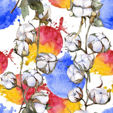 Beyaz pamuklu botanik çiçek. Suluboya arka plan illüstrasyon küme. Sorunsuz arka plan deseni.