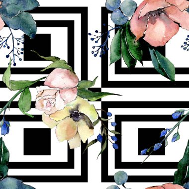 Etli çiçek botanik çiçek buketleri. Suluboya arka plan illüstrasyon küme. Sorunsuz arka plan deseni.