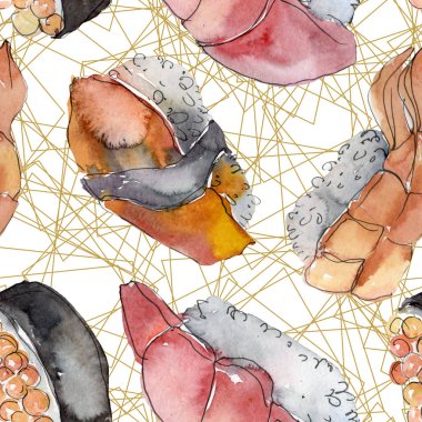 Güzel lezzetli Japon Suşi illüstrasyon suluboya suşi kümesi. Aquarelle sorunsuz arka plan deseni.