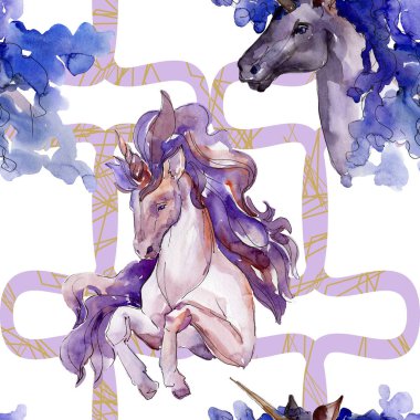 Şirin tek boynuzlu at. Peri masalı çocuk tatlı rüya. Suluboya arka plan illüstrasyon küme. Sorunsuz arka plan deseni.