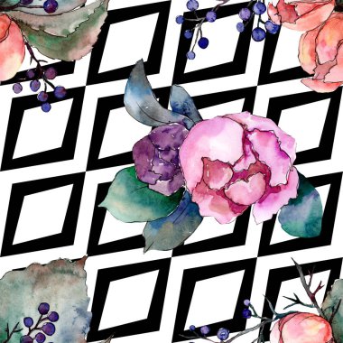 Şakayık ve etli buket çiçek. Suluboya arka plan illüstrasyon küme. Sorunsuz arka plan deseni.