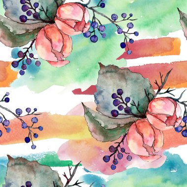 Şakayık ve etli buket çiçek. Suluboya arka plan illüstrasyon küme. Sorunsuz arka plan deseni.