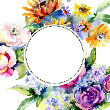 Buketler botanik çiçek. Suluboya arka plan illüstrasyon küme. Çerçeve kenarlığı süsleme Meydanı.