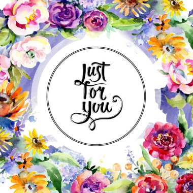 Buketler botanik çiçek. Suluboya arka plan illüstrasyon küme. Çerçeve kenarlığı süsleme Meydanı.