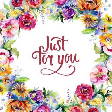 Buketler botanik çiçek. Suluboya arka plan illüstrasyon küme. Çerçeve kenarlığı süsleme Meydanı.