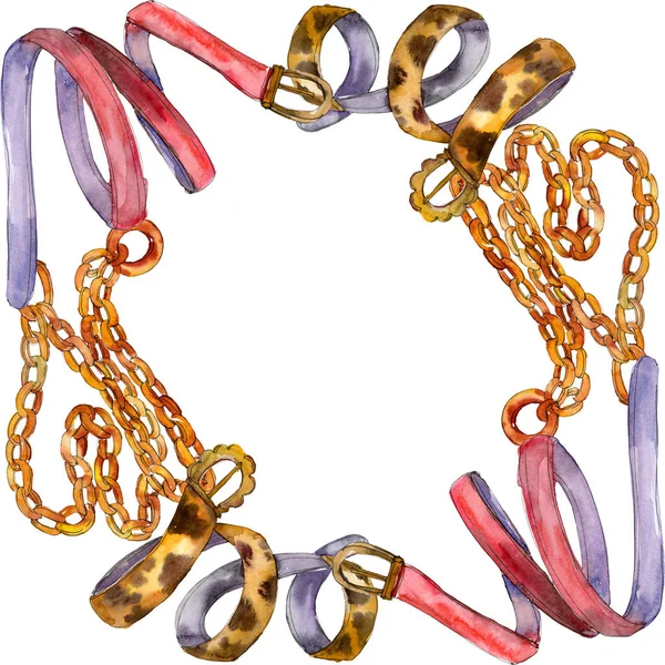 Cinturones de cuero y cadena dorada ilustración de glamour en un fondo de estilo acuarela. Marco borde ornamento cuadrado . — Foto de Stock