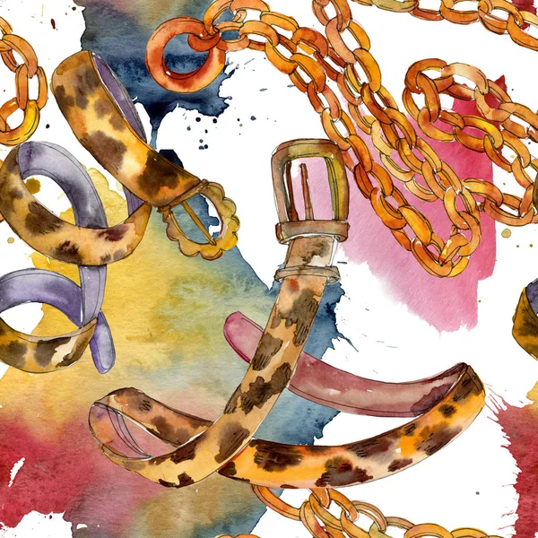 Leather and golden chain belts fashion glamour illustration in a watercolor style. Seamless background pattern.