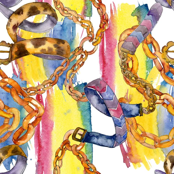 Leather and golden chain belts fashion glamour illustration in a watercolor style. Seamless background pattern.