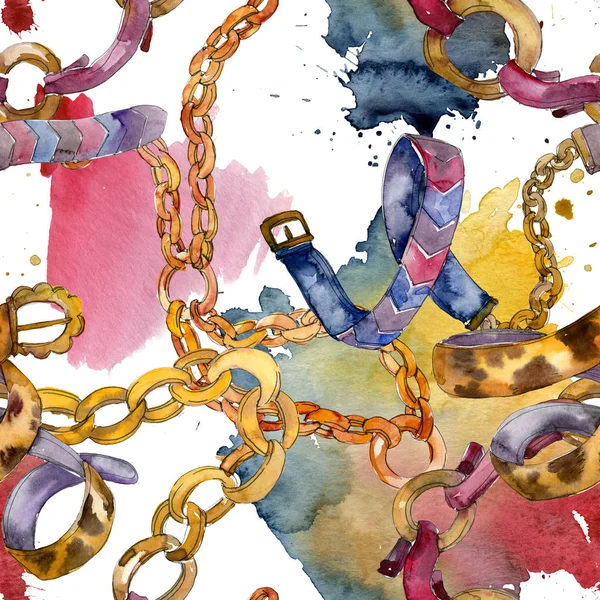 Leather and golden chain belts illustration in a watercolor style. Clothes accessories set outfit. Watercolour drawing fashion aquarelle. Seamless background pattern. Fabric wallpaper print texture.