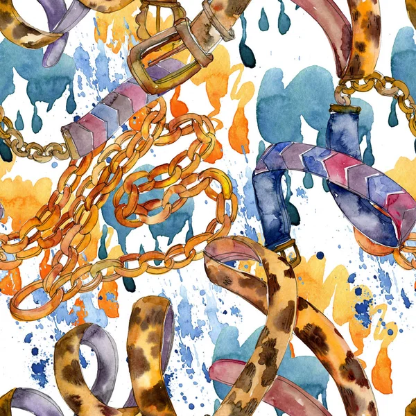 Leather and golden chain belts fashion glamour illustration in a watercolor style. Seamless background pattern.