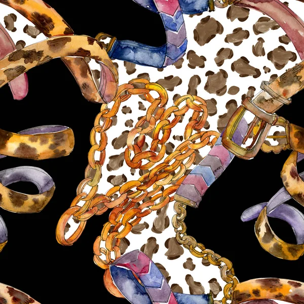 Cinturones de cuero y cadena dorada ilustración glamour moda en un estilo acuarela. Patrón de fondo sin costuras . — Foto de Stock