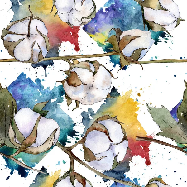 Bawełna biały botaniczny kwiat kwiatowy. Zestaw ilustracji tle akwarela. Bezszwowe tło wzór. — Zdjęcie stockowe