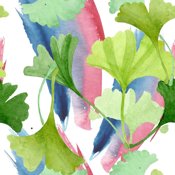 Ginkgo biloba hojas verdes. Conjunto de ilustración de fondo acuarela. Patrón de fondo sin costuras . — Foto de Stock