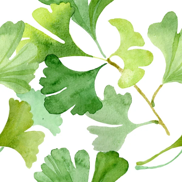은행나무 biloba 녹색 잎. 수채화 배경 그림 설정 합니다. 원활한 배경 패턴. — 스톡 사진
