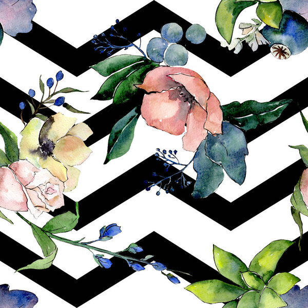 Bouquets with succulent floral botanical flowers. Watercolor background illustration set. Seamless background pattern.