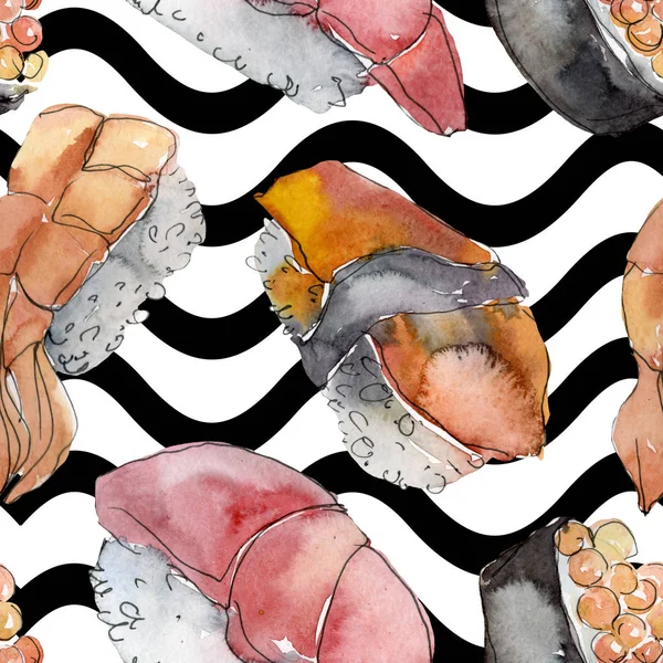 Акварельний суші набір красивих смачних японських ілюстрацій суші. Безшовний фоновий візерунок Aquarelle . — стокове фото