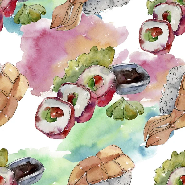 Conjunto de sushi aquarela de bela ilustração sushi japonês saboroso. Padrão de fundo sem costura Aquarelle . — Fotografia de Stock