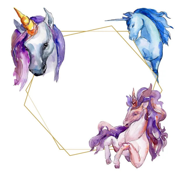 Cute unicorn horse. Watercolor background illustration set. Frame border ornament crystal square.