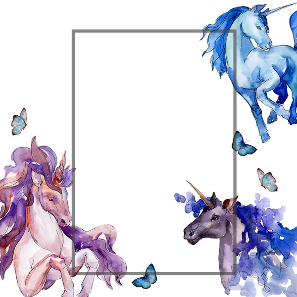 Cute unicorn horse. Watercolor background illustration set. Frame border ornament square.