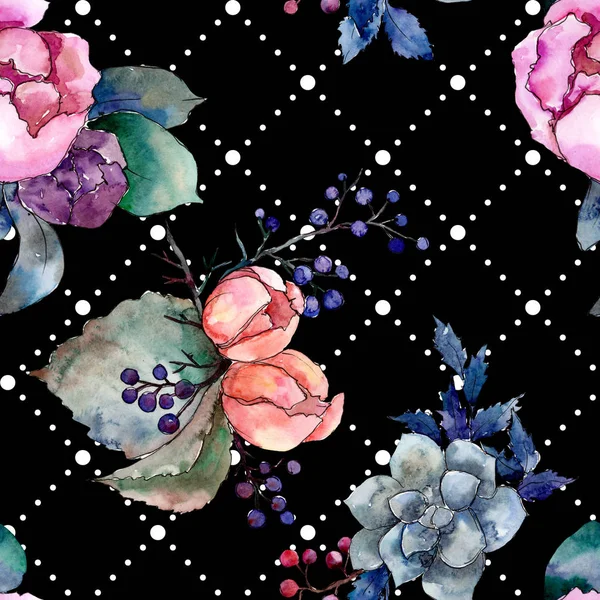 Pivoine et bouquet succulent fleur florale. Ensemble d'illustration de fond aquarelle. Modèle de fond sans couture . — Photo