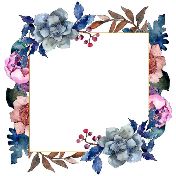 Peônia e suculento buquê flor floral. Conjunto de ilustração de fundo aquarela. Quadro borda ornamento quadrado . — Fotografia de Stock